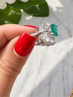 Emerald Green Halo Statement Silver Ring